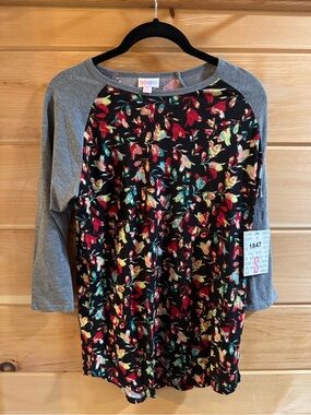 LuLaRoe Black Floral Randy Top with Gray Sleeves